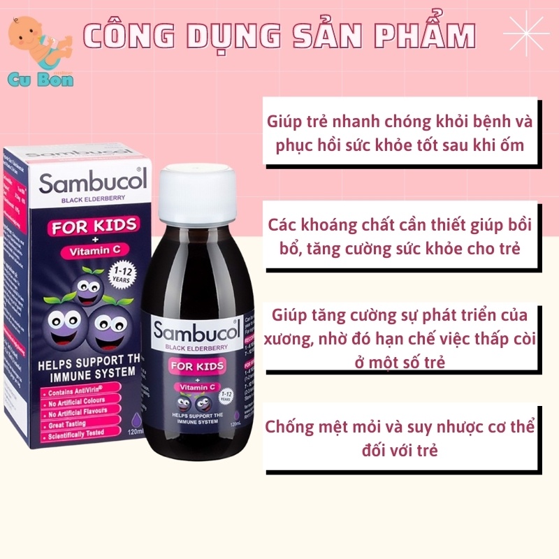 Siro Sambucol Tăng Sức Đề Kháng Cho Bé Trên 1 Tuổi của Anh 120ml giàu Vitamin C và kẽm giúp tăng đề kháng hiệu quả