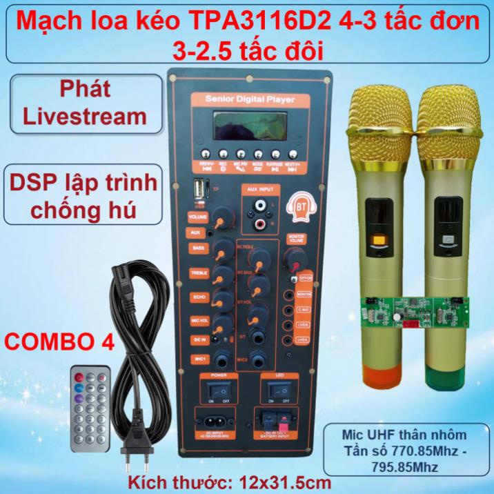 Mạch loa kéo TPA3116D2 150W LIVESTREAM - DSP lập trình chống hú loa kéo 4 – 3 tấc ĐƠN hoặc 3 – 2.5 tấc ĐÔI Kèm Micro