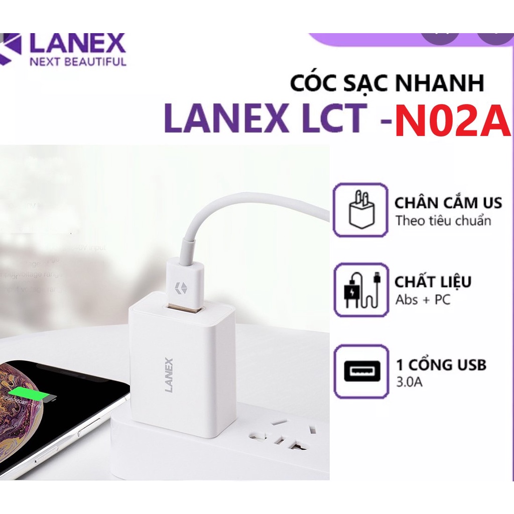 Cóc sạc nhanh LANEX LCT-N02A (1 cổng USB, 3A)