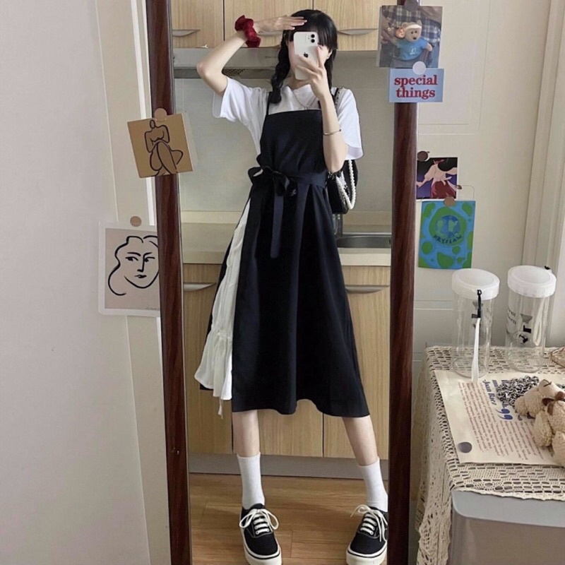 Set áo+ yếm váy ulzzang phong cách Hàn Quốc nữ tính