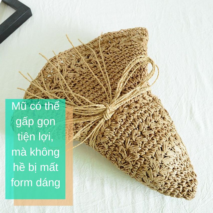 Mũ cói mềm đan móc rộng vành thắt dây cói