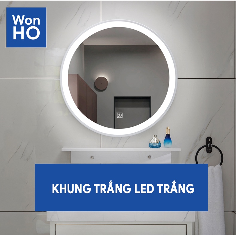 Gương Tròn Có LED treo tường khung đen bằng kim loại, phím cảm ứng tắt mở, màu led trắng hoặc vàng, FREESHIP EXTRA PLUS