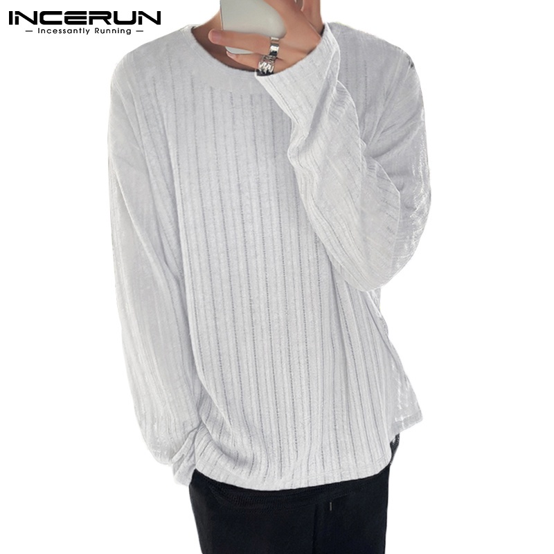 Áo thun nam INCERUN xuyên thấu cổ tròn hoạ tiết sọc dài tay 3 màu sắc thời trang tự chọn