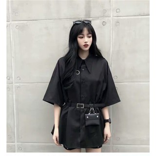 Đầm sơ mi đen thắt lưng kiểu