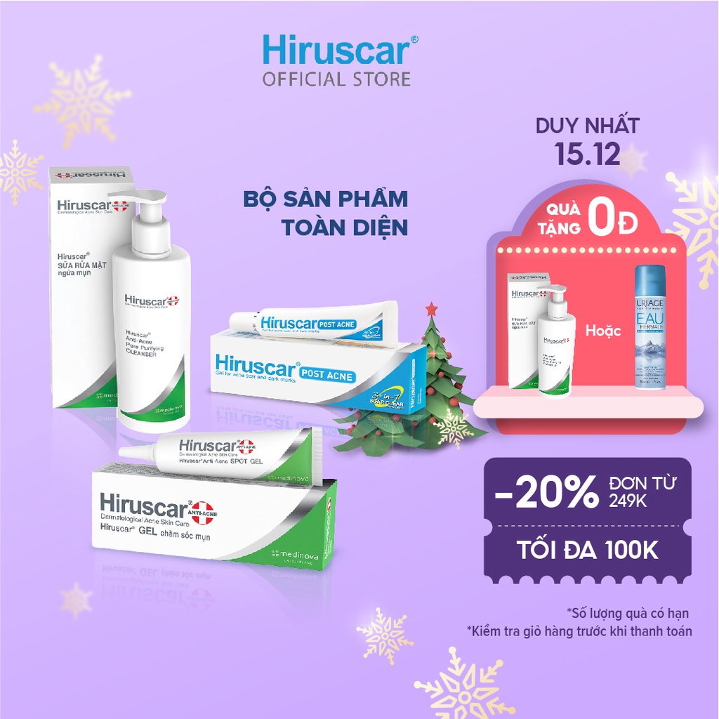 Combo Gel mờ sẹo mụn Hiruscar Post Acne 10g, Gel xử lý mụn 10g và Sữa rửa mặt 100g