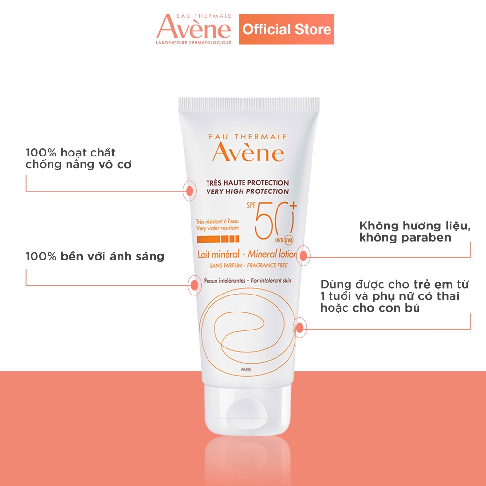 Kem chống nắng vật lý cho da thường nhạy cảm AVÈNE Very High Protection Mineral Lotion SPF 50+ 100ml