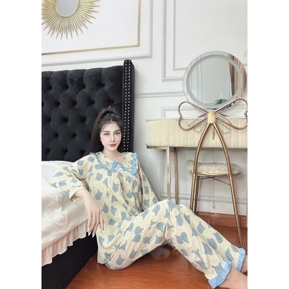 Đồ bộ bà bầu dài tay thu đông chất đũi mặc nhà kéo khoá con ti