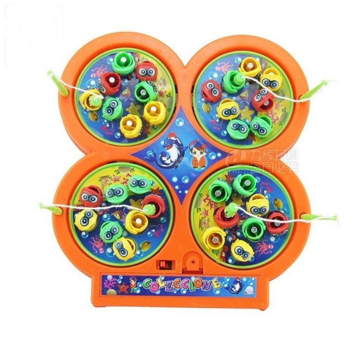Đồ chơi câu cá nam châm 4 hồ, 32 cá 4 cần câu phát nhạc xoay 360 độ chạy pin AA chất liệu nhựa an toàn