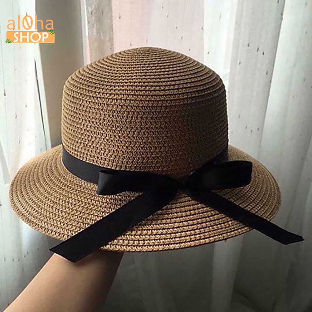Mũ cói mềm thắt nơ dài - nón cói vành rộng chống nắng, đi biển phong cách - al0ha Shop