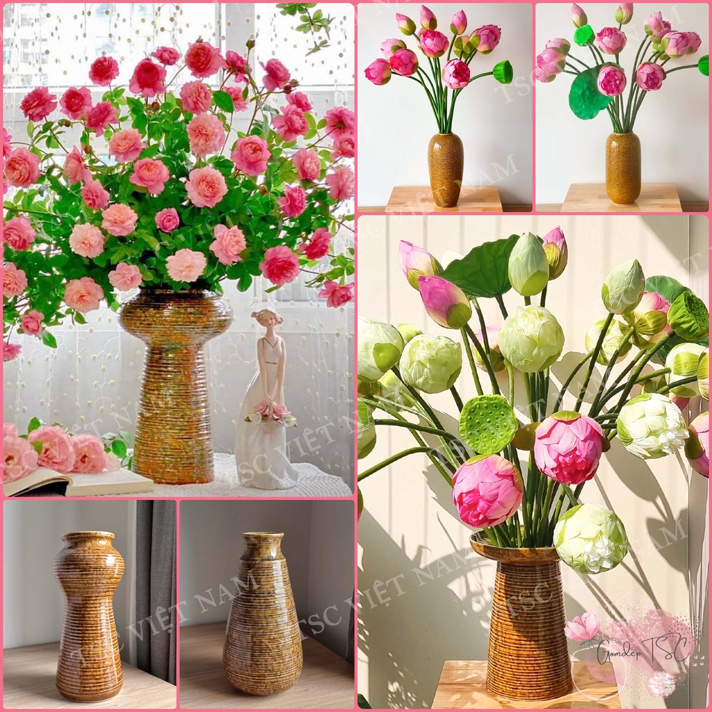 Lọ hoa gốm sứ Bát Tràng cao cấp- Bình cắm hoa men gấm vàng - Decor trang trí nhà đẹp