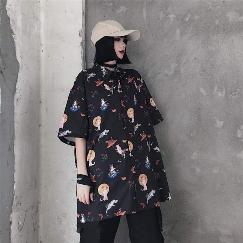 Áo sơ mi nam nữ oversize hình MỀO CẦM Ô đen