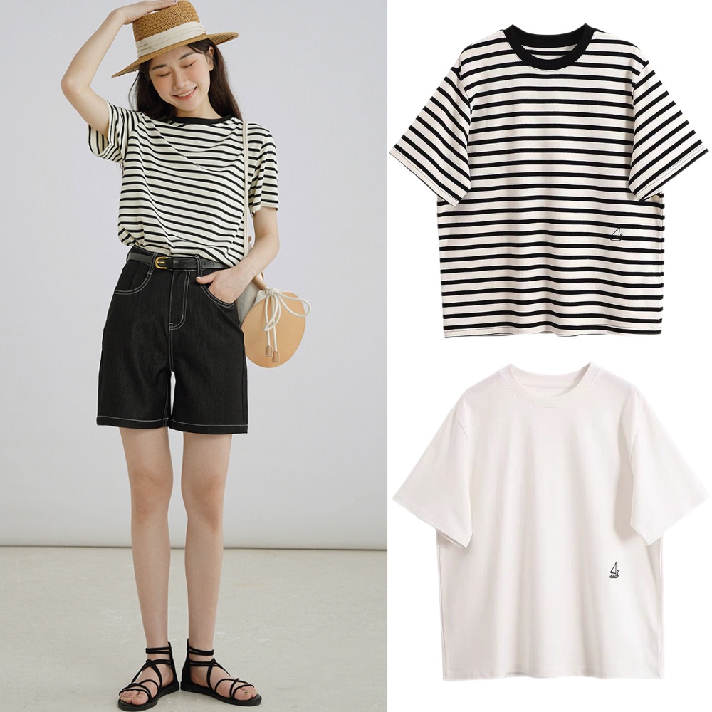 SUXI Áo thun tay ngắn cổ tròn họa tiết sọc thiết kế mới thời trang mùa hè phong cách retro cho nữ