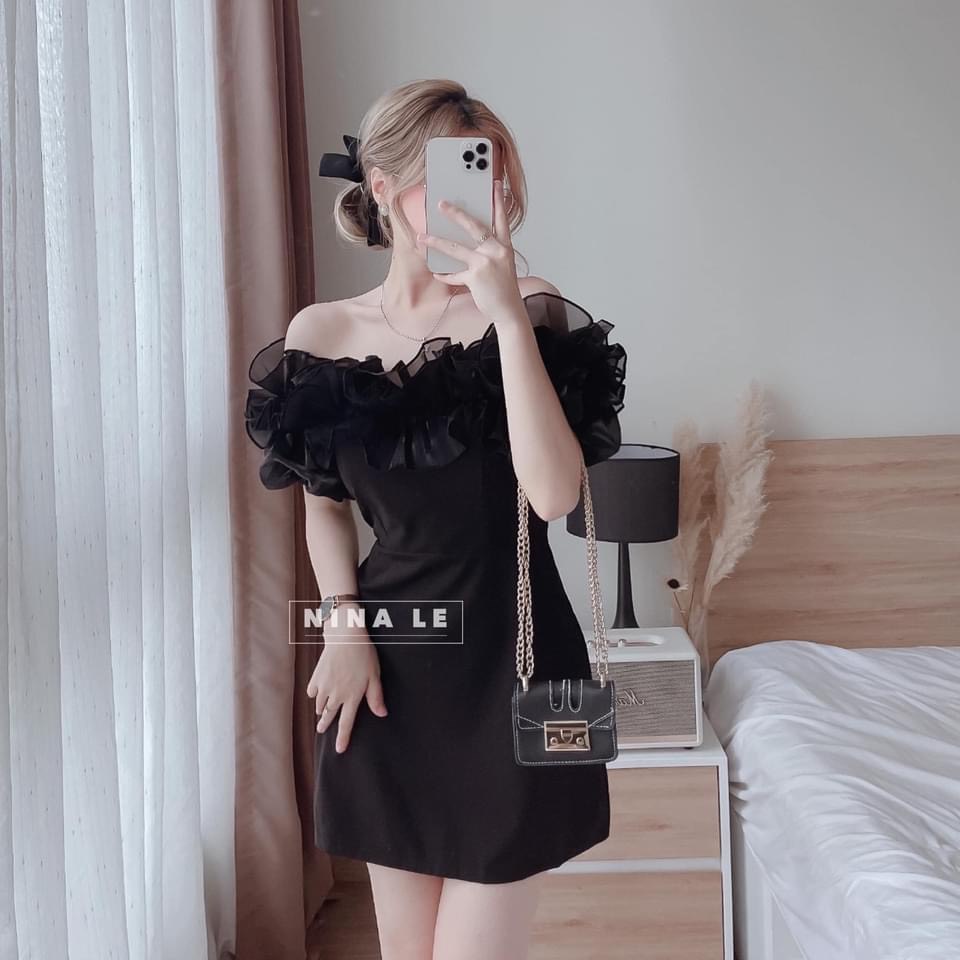 [10.10 Sale Freeship] Váy đầm đen trễ vai bèo phối ren sang chảnh dáng ôm, đầm dự tiệc quý phái siêu quyến rũ