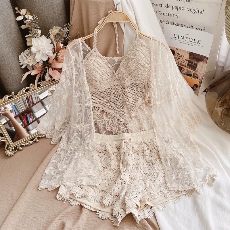 Set ren 3 món đi biển gồm: bra + áo cardigan + quần | BigBuy360 - bigbuy360.vn