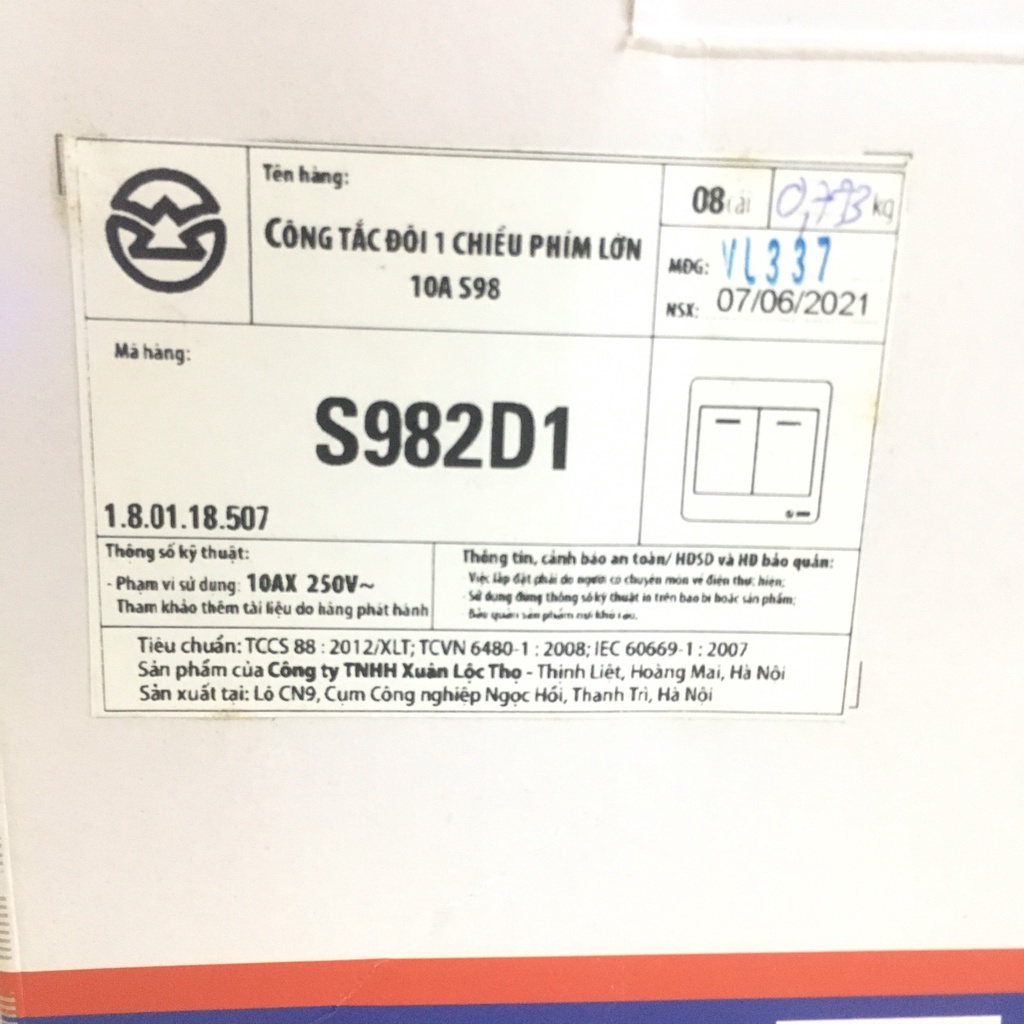 Công tắc đôi 1 chiều phím lớn 10A mặt vuông SINO S982D1 dòng S98