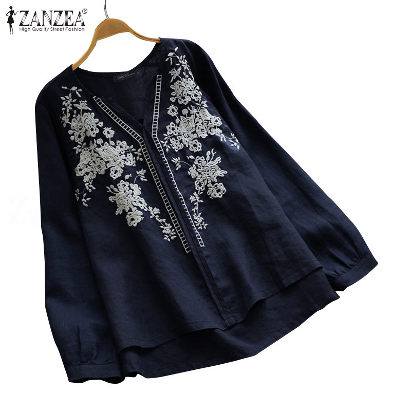 ZANZEA Áo Kiểu Nữ Cổ Chữ V Thêu Hoa Xinh Xắn