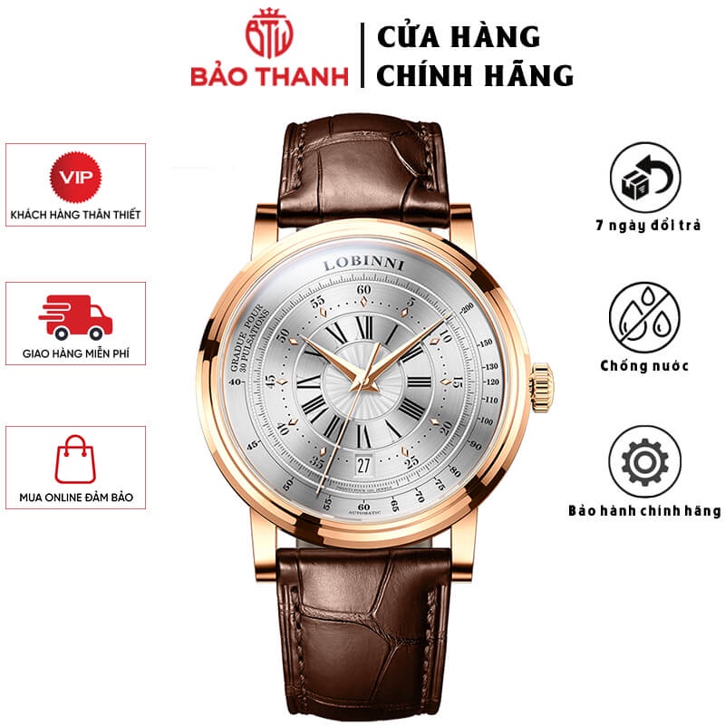 Đồng Hồ Nam LOBINNI No.1018 Chính Hãng BH 24T Chịu Nước 50m Kính Chống Xước Dây Da Cao Cấp (Máy Cơ Tự Động)