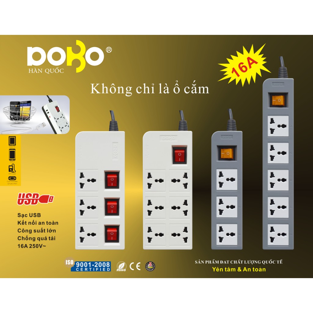 Ổ Cắm Kèm Cổng USB DoBo 3D 16A 3 ổ cắm - 3 Mét