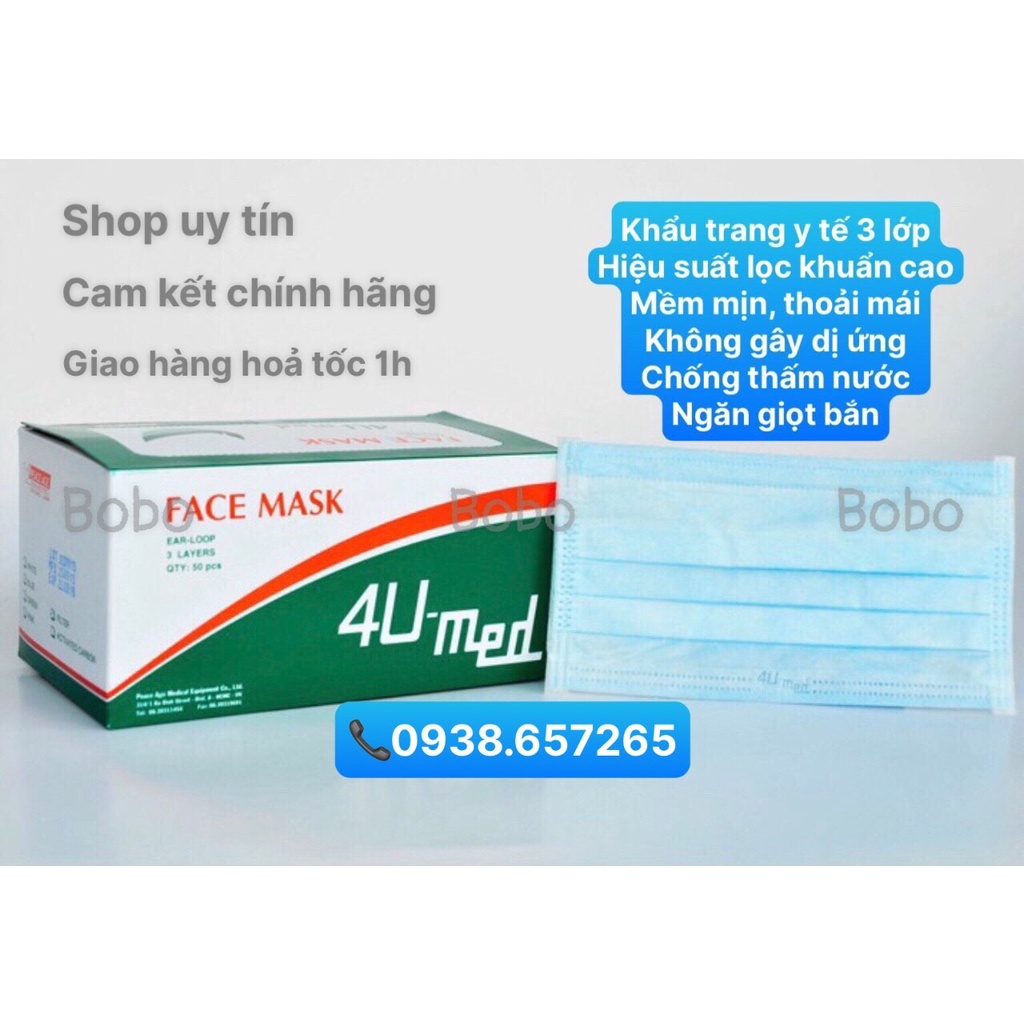 Khẩu trang y tế 4U MED 3 lớp hiệu quả lọc khuẩn cao - chống thấm nước - có 2 màu xanh và trắng