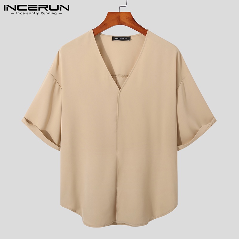 Áo thun INCERUN tay ngắn cổ chữ V màu trơn size S-5XL thời trang cho nam