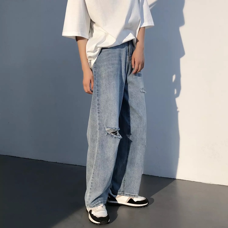 QUẦN BAGGY JEANS ỐNG RỘNG RÁCH DÁNG ĐỨNG PHONG CÁCH HÀN QUỐC-QJR022-THỜI TRANG UNISEX-Dể phối đồ rách gói màu xanh bạc