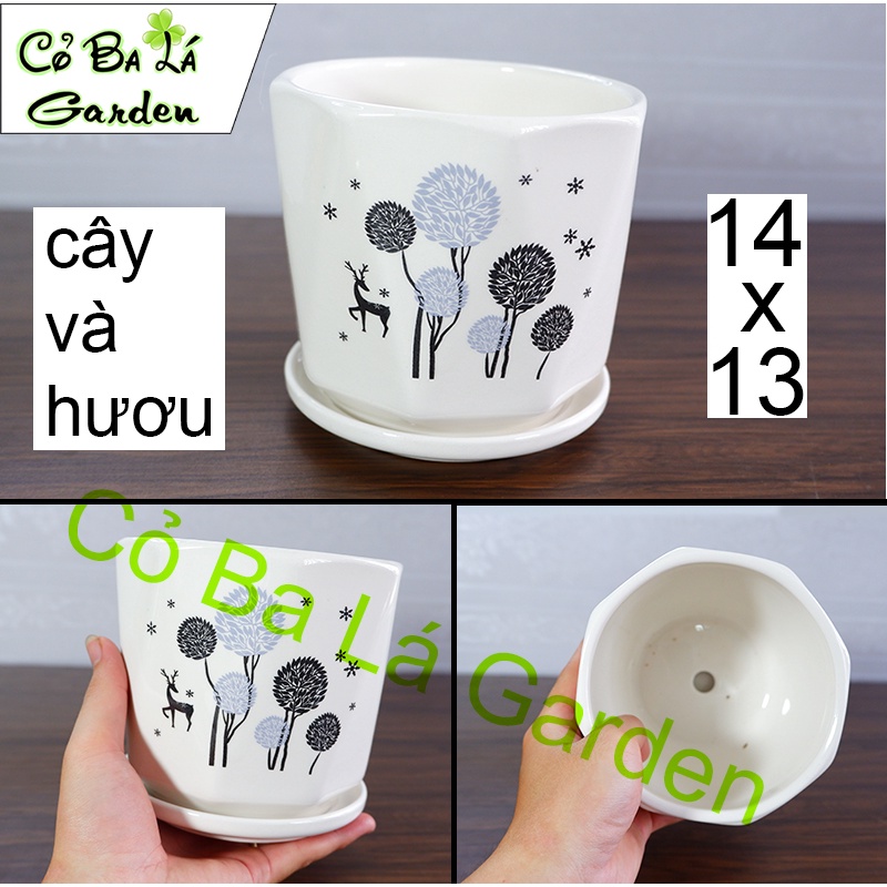 Chậu cây Gồm Sứ trồng cây cảnh (kèm Đĩa lót), cây để bàn Kích thước 11x10,5x10cm