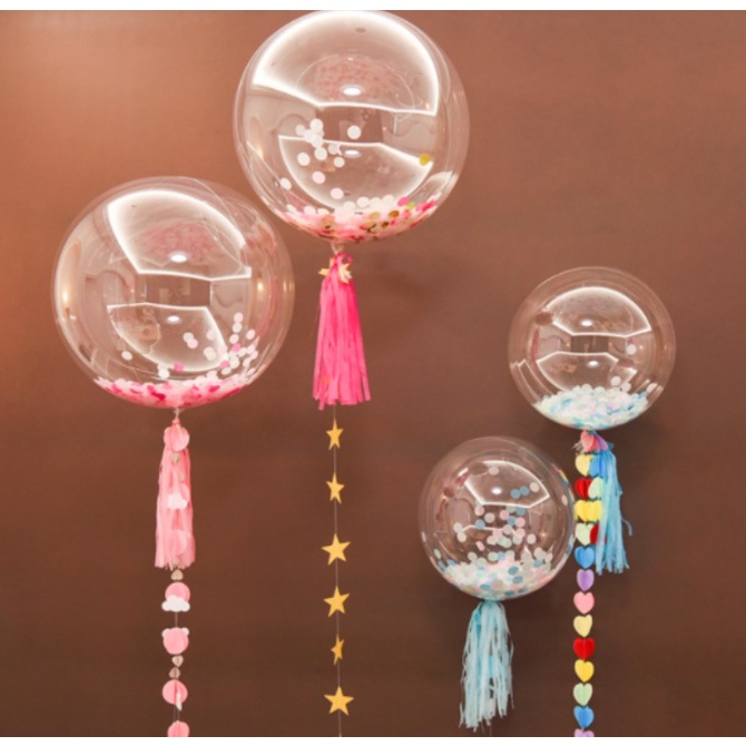Set Bóng jumbo trong suốt galaxy Bobo nhựa PE trong suốt, in happy birthday, kim tuyến, cánh hoa hồng