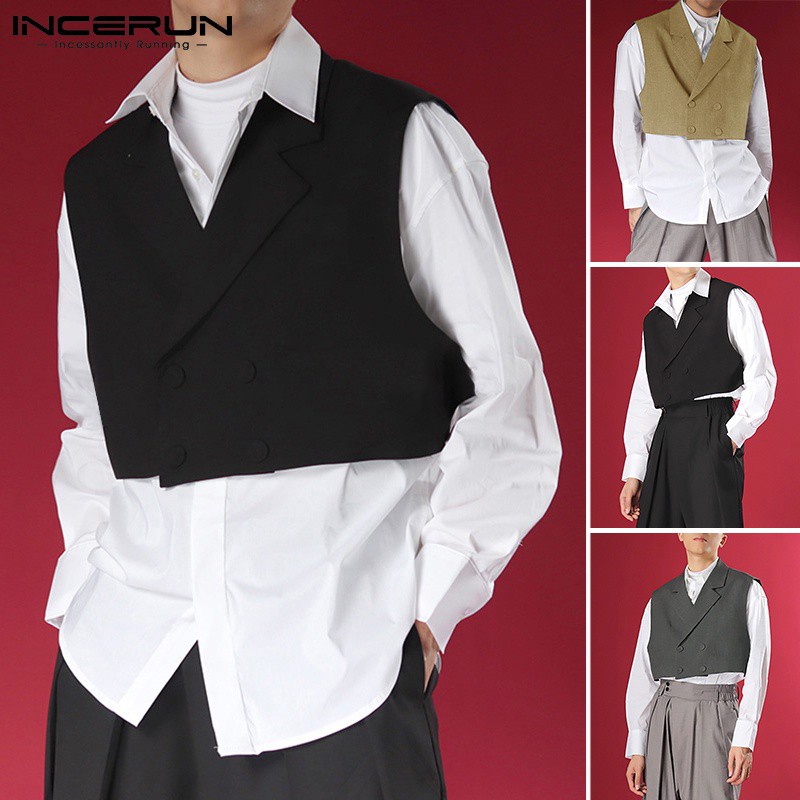 Áo Sơ Mi Hai Mảnh INCERUN Tay Dài Giả Áo Giả Vest Thời Trang Hàn Quốc