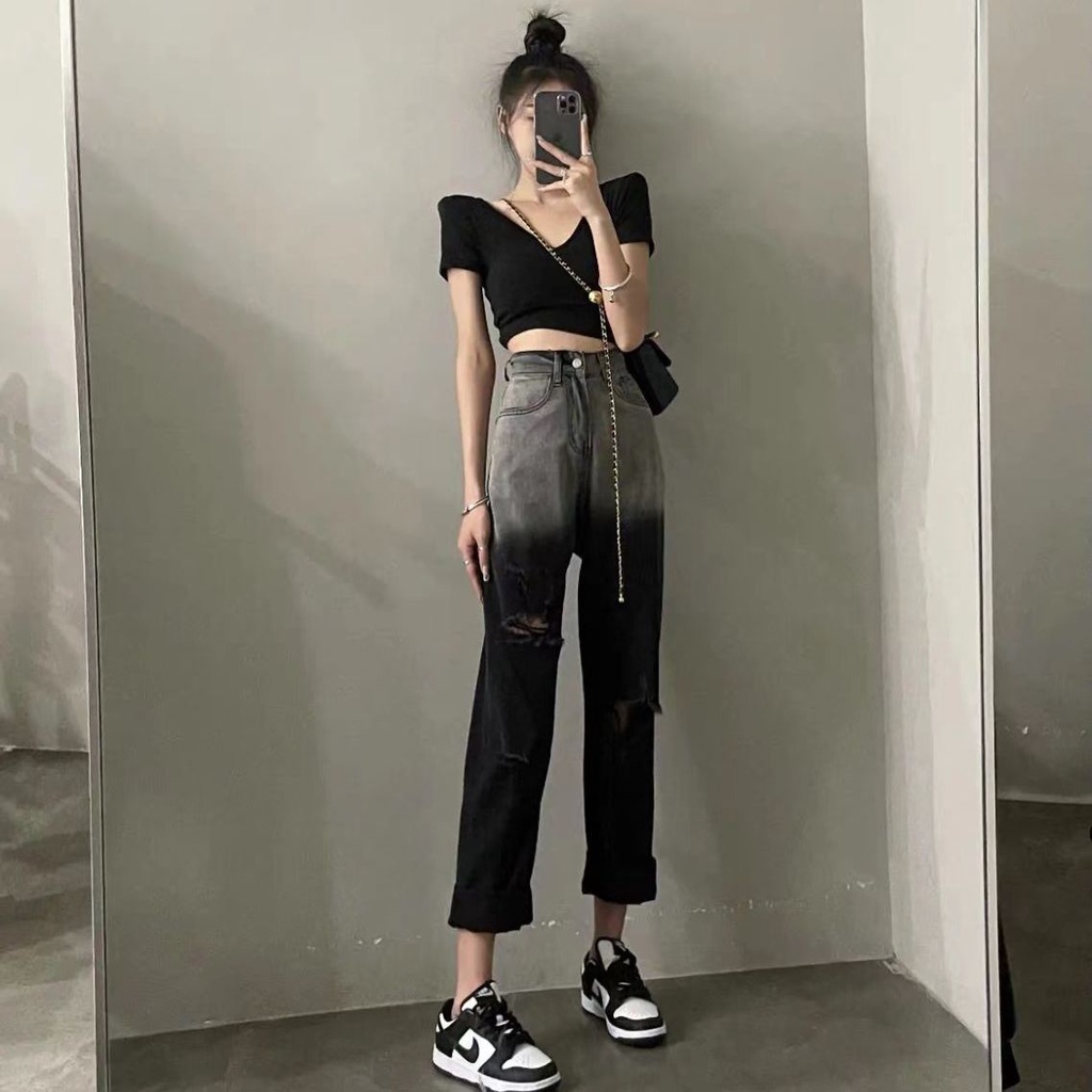 Jiashucheng Quần Jean Rách Màu Gradient Lưng Cao Dáng Rộng Thời Trang Hàn Quốc Cho Nữ