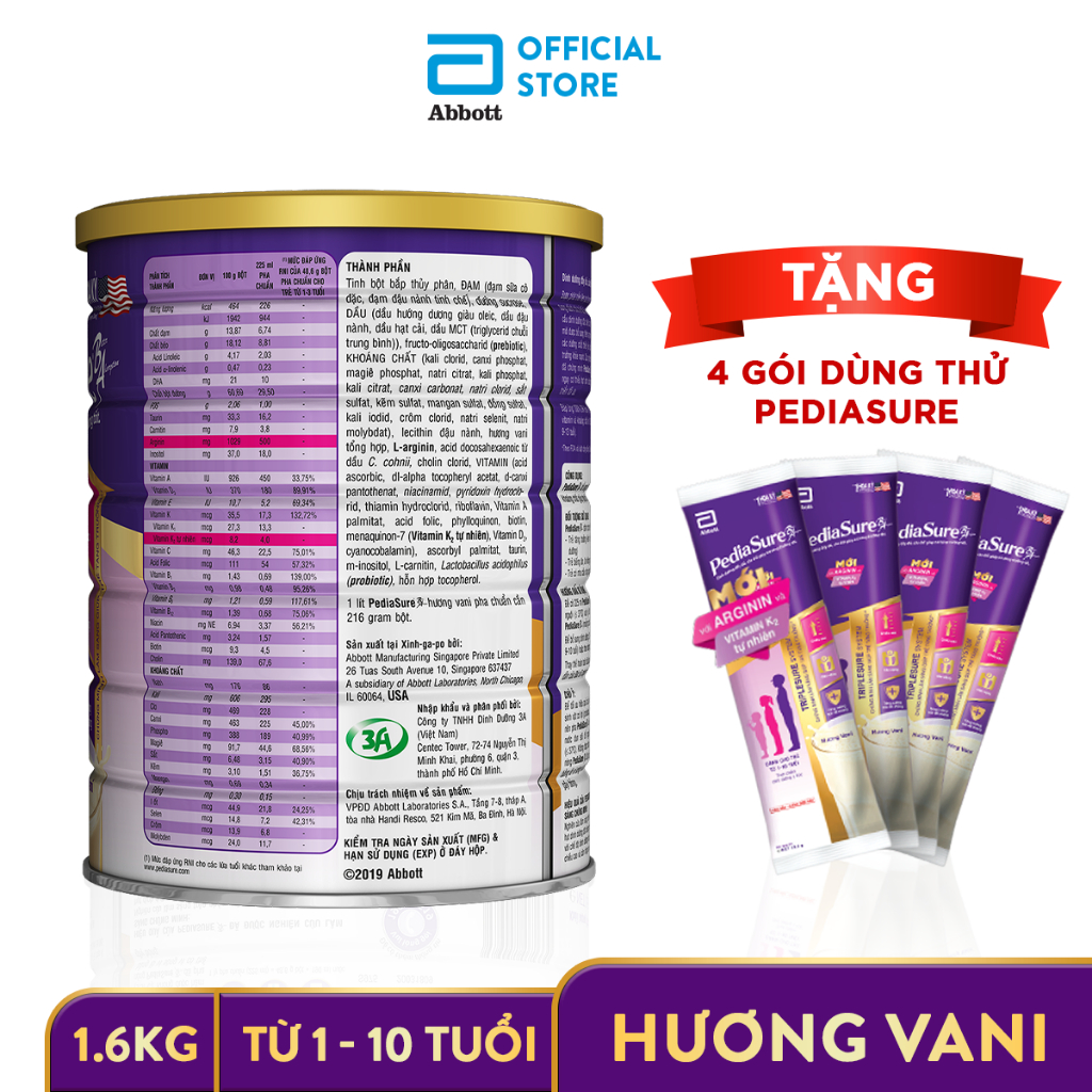 [Tặng 4 gói dùng thử] Sữa Bột Pediasure 1.6kg Hương Vani