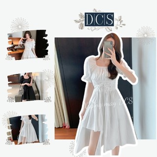 Váy chữ a dáng dài eo đan dây lệch váy xòe xẻ tầng chất thô váy nữ 2 màu đen trắng đi tiệc xưởng may DCS