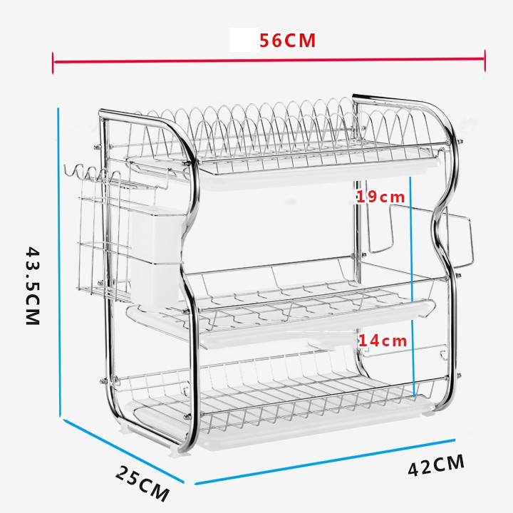 Kệ úp bát đĩa 3 tầng, chất liệu inox( được tặng kèm ống đũa, giá để dao thớt)