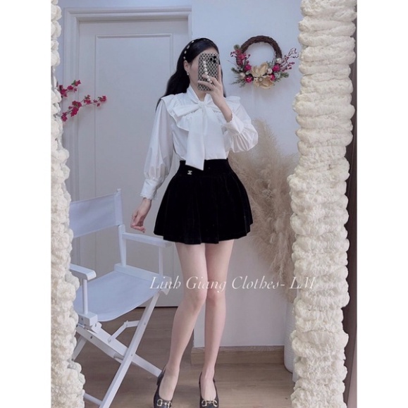 Sét Váy Xoè Mix Áo Sơ Mi Buộc Nơ