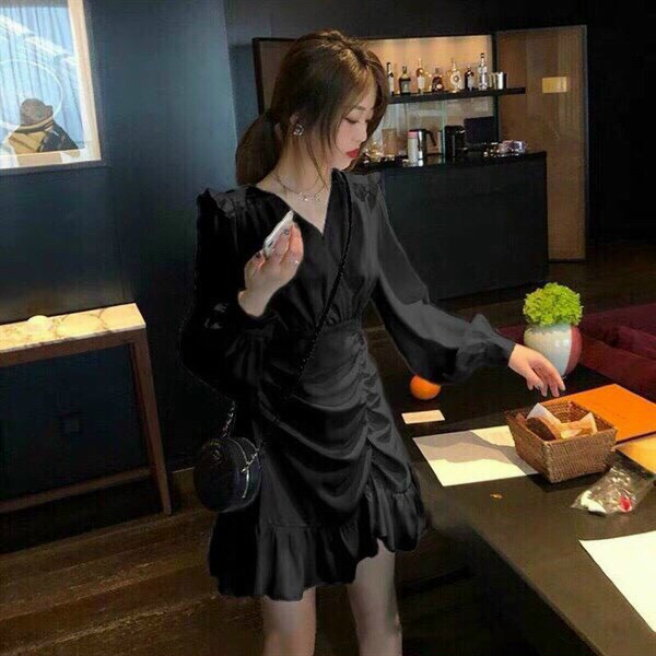 Đầm tiểu thư sang trọng dự tiệc cưới, đầm ôm body đuôi cá siêu dễ thương, phong cách thiết kế hàn quốc cổ V phối tay dài
