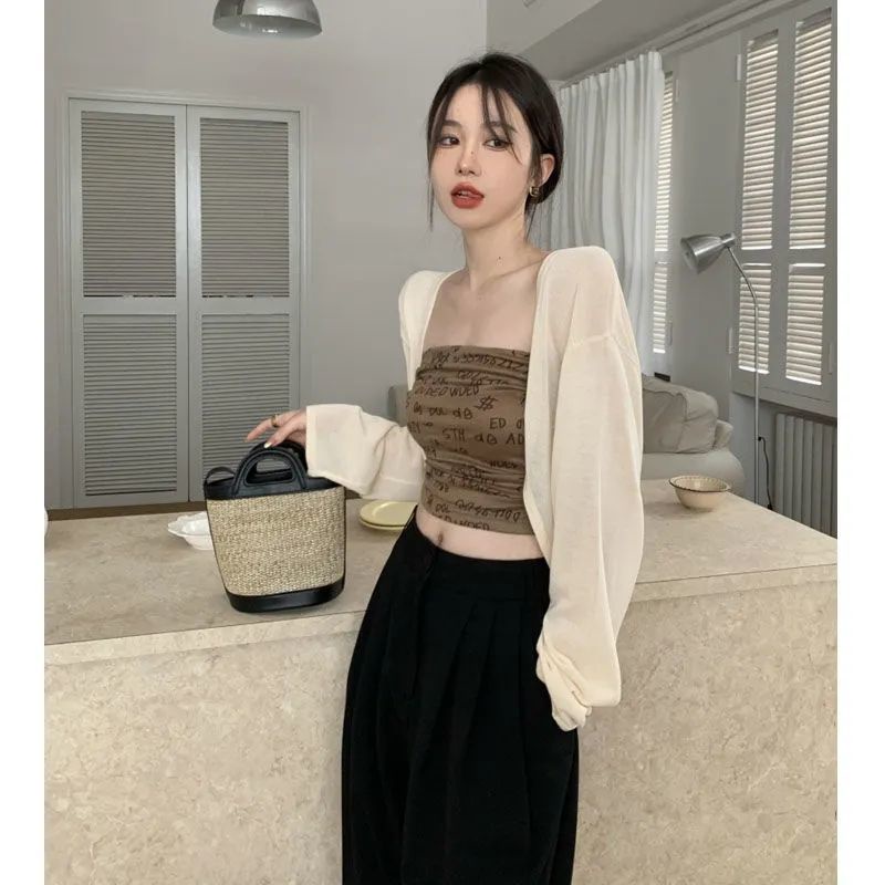 COZOK Set Áo Thun Tay Dài + Áo Khoác cardigan Sát Nách Dáng Ngắn In Chữ Trẻ Trung