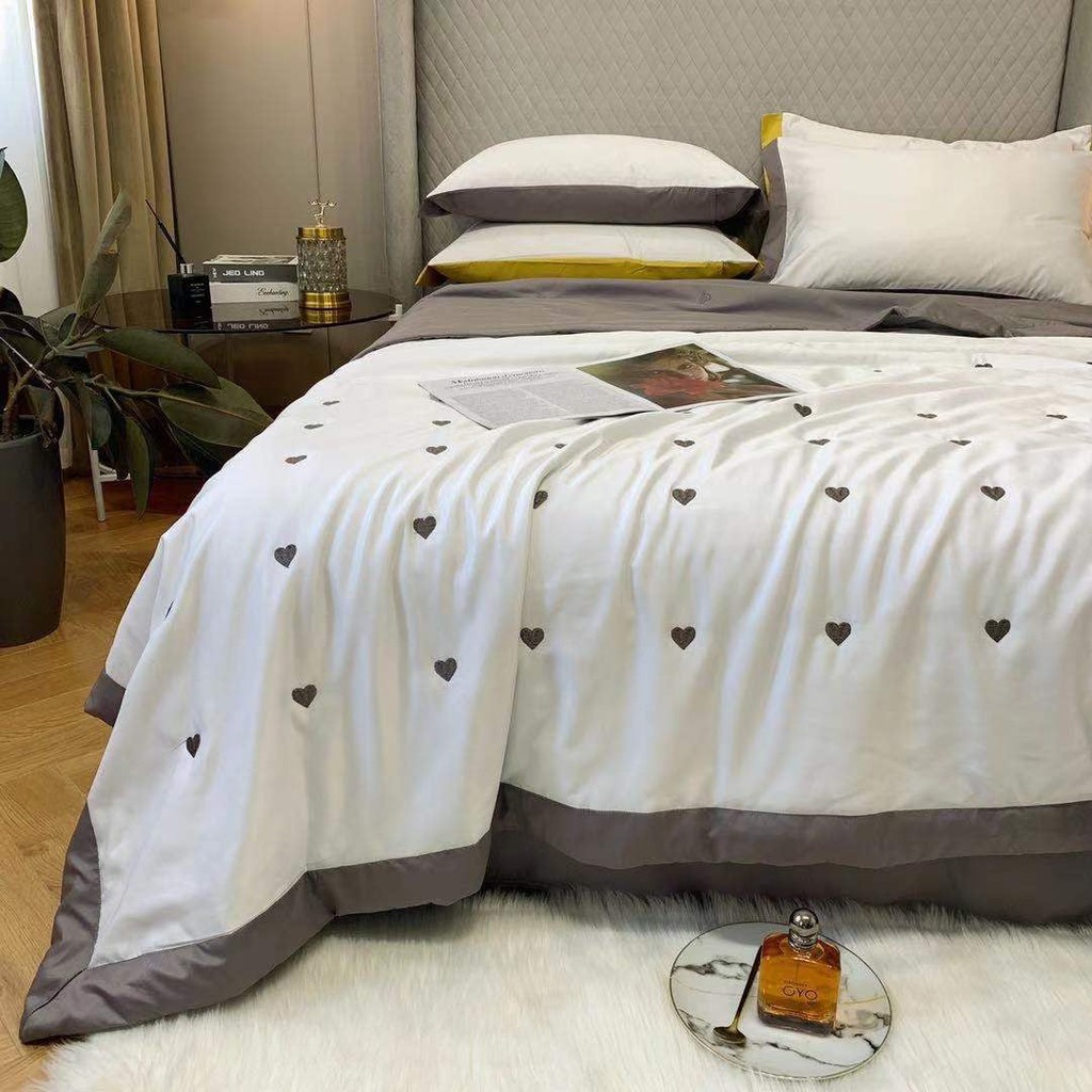 Bộ chăn chần hè - ga gối lụa tencel 60s thêu tim  thiên nhiên tơ cao cấp mát lạnh mềm mịn - ghi