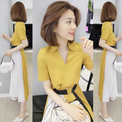 Váy thiết kế kiểu công sở trẻ trung - thắt nơ eo, dáng xoè. Vàng phối trắng HH06