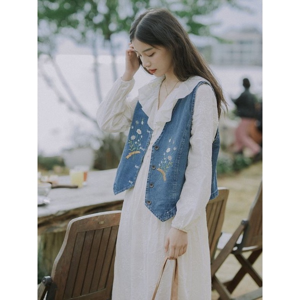 ÁO KHOÁC GILE NỮ CHẤT DENIM THÊU HOA SIÊU XINH PHONG CÁCH BOHO VINTAGE
