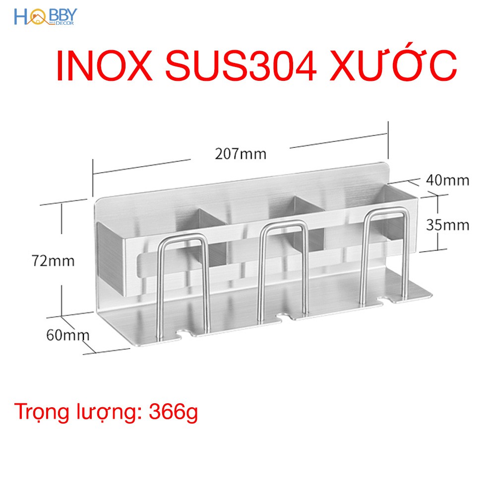 Combo kệ để bàn chải 3 ngăn Inox 304 và Móc treo 5 chấu Inox 304 dán tường gạch men - có sẵn keo dán 3M