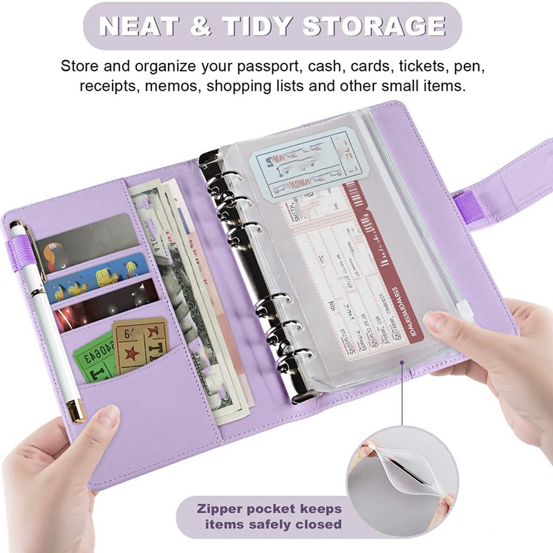 Pu Túi Da Pu 6 Lỗ + 12 A6 Có Khóa Kéo + 2 Túi Giấy Dán Dùng Để Đựng Sổ Tay Tiện Dụng