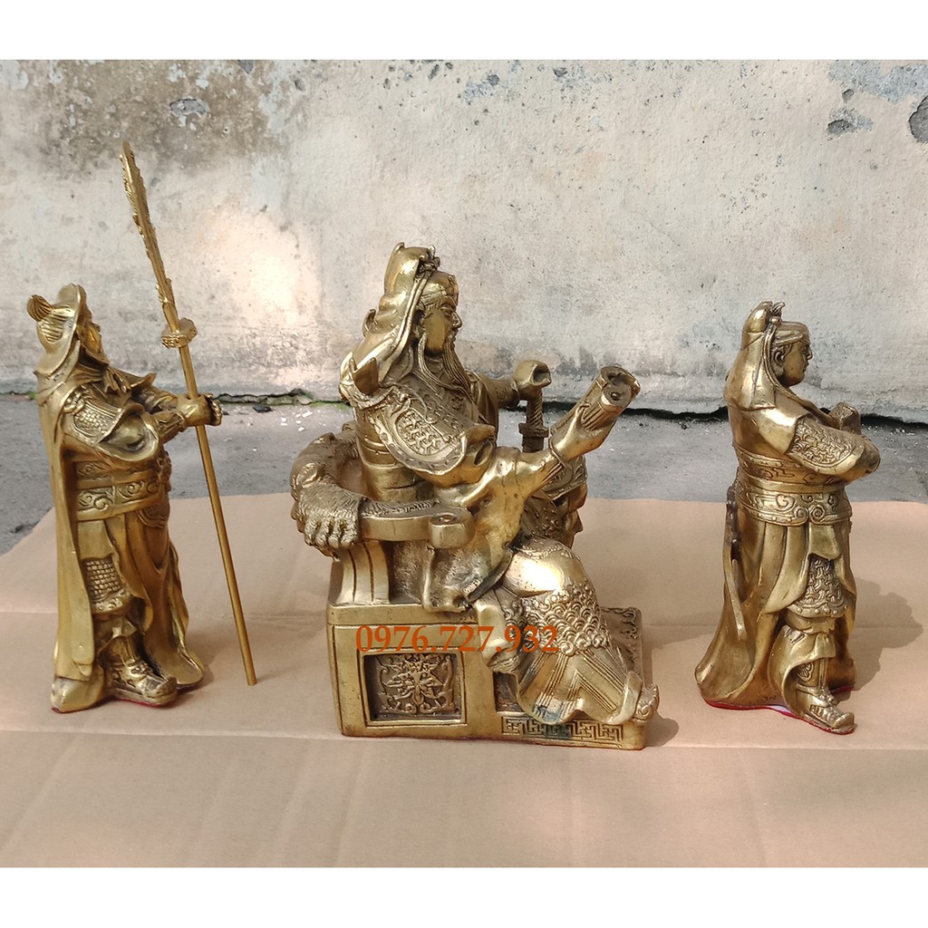 Bộ 3 tam thánh cao 18cm gồm quan công, quan bình, châu xương, bộ tượng tam thánh bằng đồng