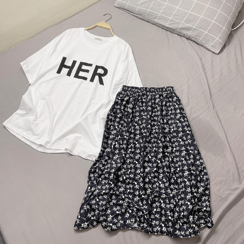 Set Váy Hoa Nhí Áo Phông Chân Váy Chữ A[FREESHIP] Áo thun tay lỡ form rộng đầm hoa dài nữ màu đen | BigBuy360 - bigbuy360.vn
