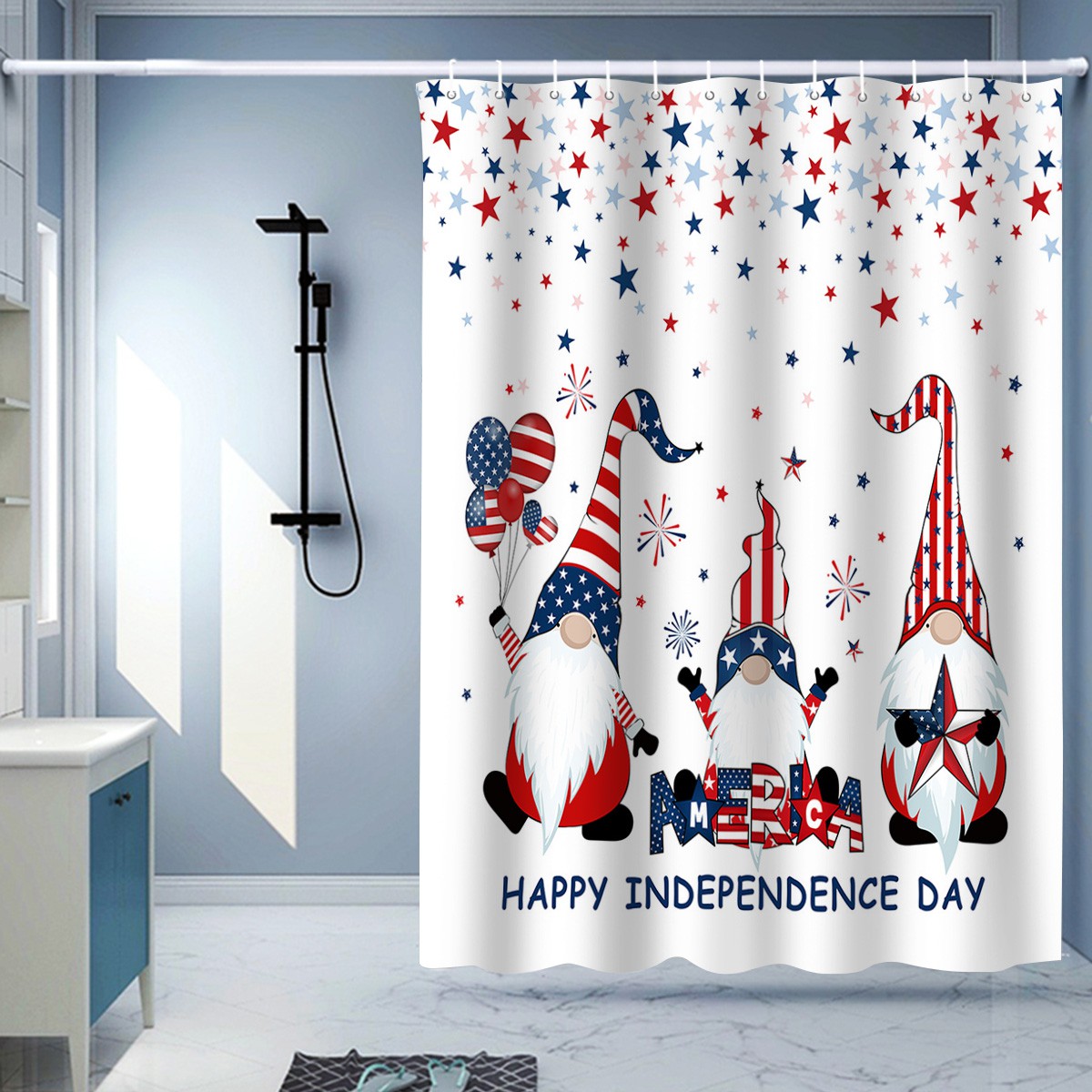 Rèm Che Bồn Tắm 72x72 Inch 4th Of July Patriotic Bằng Polyester Chống Thấm Nước In Hình Cờ Mỹ Dễ Thương Kèm 12 Móc Treo