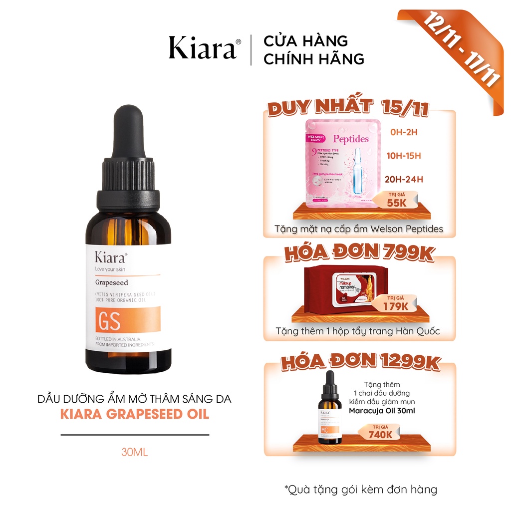 [Mã FMCGMALL -8% đơn 250K] Dầu dưỡng ẩm mờ thâm sáng da Kiara Grapeseed Oil 30ml