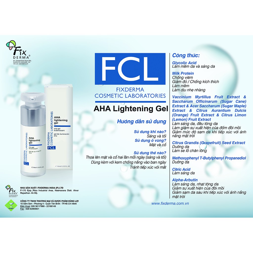 Fixderma FCL AHA Lightening Gel 30ml, Gel giúp ngăn ngừa và làm giảm các vết thâm, sạm nám, tàn nhan trên da.
