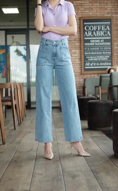 QUẦN JEAN NỮ ỐNG SUÔNG RỘNG TÚI XÉO HAI MÀU B-T