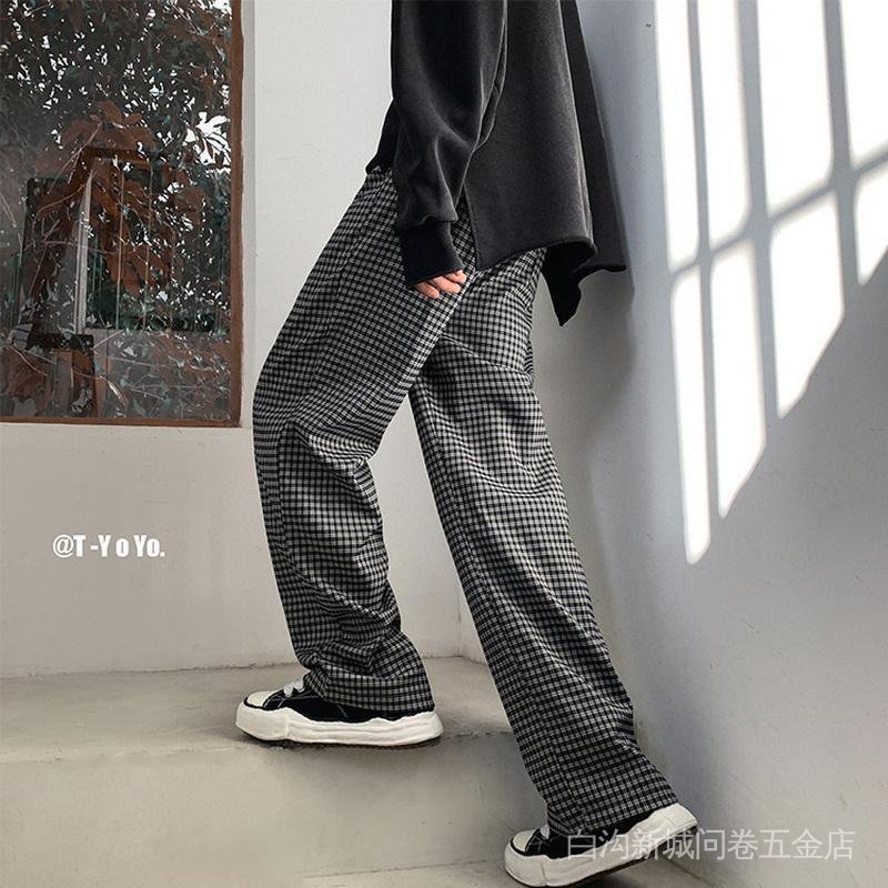 American-style oversize pants high street ins fashionable pendant straight chic retro plaid pants men's wide leg mop pants