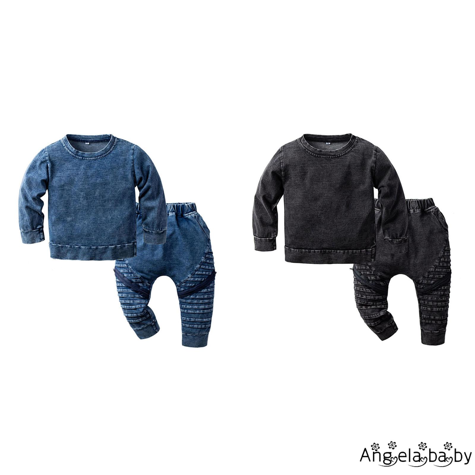 Set Áo Thun Dài Tay Cổ Tròn + Quần Dài Jeans Lưng Thun Thời Trang Cho Bé Trai