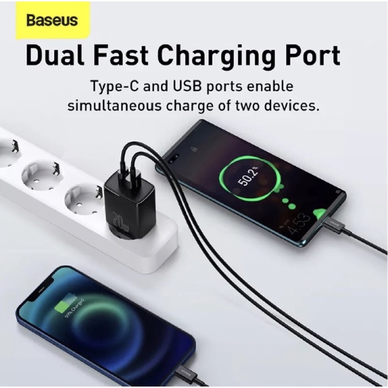 Củ sạc nhanh 20W/30W Baseus 2 cổng USB-A + Type C chuẩn PD/QC 3.0 nhỏ gọn tiện lợi