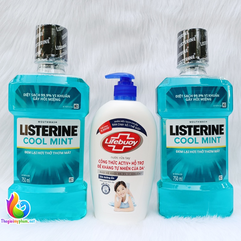 Combo 2 Chai Nước Súc Miệng Listerine Cool Mint 750ml/Nước Rửa Tay Sạch Khuẩn Lifebuoy 450g